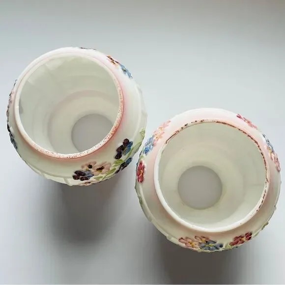 Antique White Satin Glass Opaque Hand Painted Floral Pair Lamp Shades - Picture 3 of 7